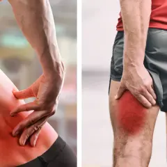 Main gauche sur la hanche, main droite sur la cuisse, zones rouges indiquant la douleur. Aide pour le massage nerf sciatique.