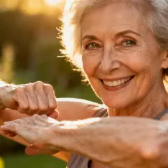 Une femme souriante, les bras tendus, semble pratiquer un exercice simple, un remède de grand-mère pour raffermir la peau, baignée de lumière dorée.