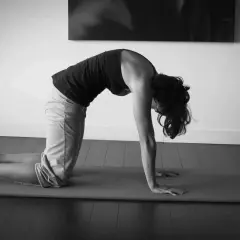 Une femme effectue un étirement chat sur un tapis de yoga, courbant son dos et rentrant sa tête.