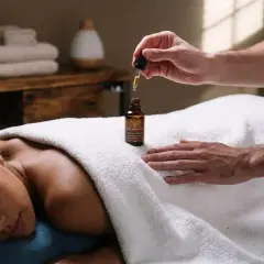 Un massage relaxant pour soulager la contraction du muscle involontaire et douloureuse. Une main applique une huile sur le dos d'une femme.