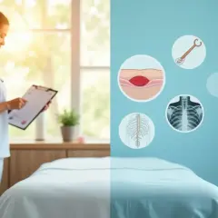 Une professionnelle de santé consulte un dossier près d'une table de massage. Des illustrations montrent des techniques de massage intégral et des éléments anatomiques.
