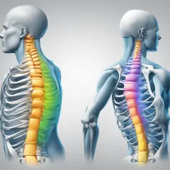 Comparaison de vertèbres : une colonne saine (verte) face à une colonne présentant une scoliose et une cyphose (colorée).