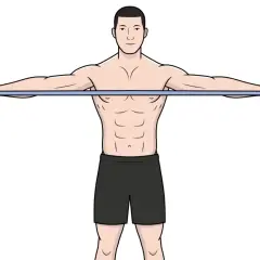 Homme effectuant un exercice trapèze inférieur avec une bande élastique, bras tendus horizontalement.