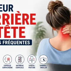 Femme se tenant la nuque, zone rouge indiquant une douleur. Le texte mentionne "Douleur derrière la tête", "10 causes fréquentes" et des icônes pour "Tension cervicale", "Névralgie occipitale", "Céphalée cervicogène", "Arthrose cervicale", "Stress/Post...