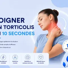 Femme soulageant une douleur à la base de la nuque, avec des indications de soulagement rapide en 10 secondes.