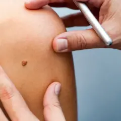 Un médecin examine un grain de beauté qui saigne sur l'épaule d'un patient.
