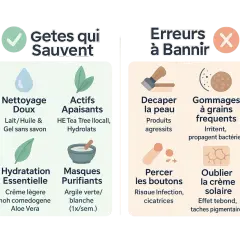 Conseils pour une peau saine : nettoyage doux, actifs apaisants, hydratation. Évitez de décaper, gommer trop, percer les boutons. Un traitement naturel pour l'acné hormonale inclut ces bonnes pratiques.