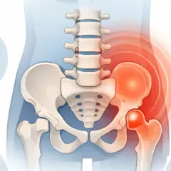 Illustration de l'anatomie du bas du dos et de la hanche, avec des zones rouges indiquant la douleur.