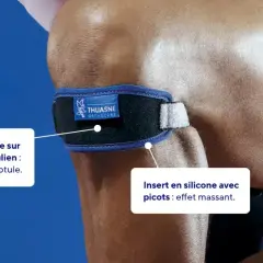 Strap genoux tuto : ce bandeau Thuasne offre un soutien rotulien avec pression ciblée et insert silicone massant.
