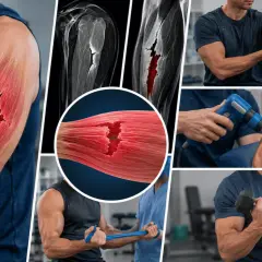 Un homme souffre d'un muscle froissé au bras, illustré par des images médicales et des séances de rééducation.