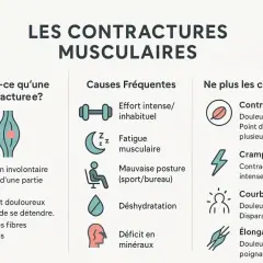 Infographie expliquant les contractures musculaires, leurs causes (effort, fatigue, posture, déshydratation, déficit minéral) et comment les différencier d'une crampe ou courbature. Une grosse contracture musculaire peut être très douloureuse.
