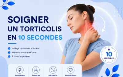 Femme soulageant une douleur à la base de la nuque, avec des indications de soulagement rapide en 10 secondes.