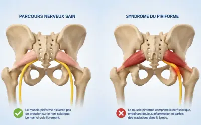 Comparaison anatomique : un muscle piriforme sain et un muscle piriforme contracturé comprimant le nerf sciatique, causant douleur et inflammation.
