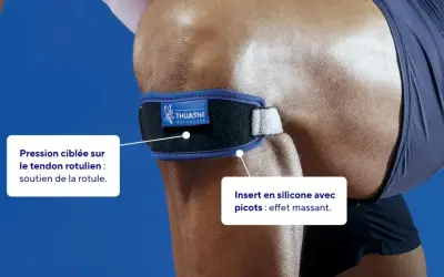 Strap genoux tuto : ce bandeau Thuasne offre un soutien rotulien avec pression ciblée et insert silicone massant.
