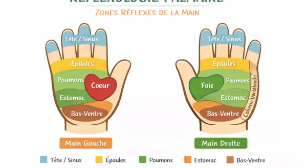 Schéma de réflexologie palmaire montrant les zones réflexes de la main droite : tête/sinus, épaules, foie, poumons, estomac, bas-ventre et colonne vertébrale.