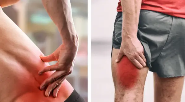 Main gauche sur la hanche, main droite sur la cuisse, zones rouges indiquant la douleur. Aide pour le massage nerf sciatique.