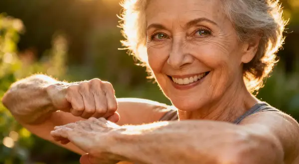 Une femme souriante, les bras tendus, semble pratiquer un exercice simple, un remède de grand-mère pour raffermir la peau, baignée de lumière dorée.