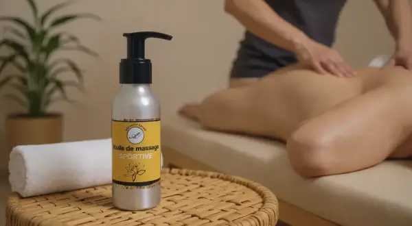Une bouteille d'huile de massage sportive est posée sur une table en rotin, à côté d'une serviette blanche. En arrière-plan, une personne reçoit un massage au dos.