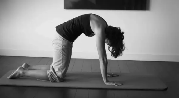 Une femme effectue un étirement chat sur un tapis de yoga, courbant son dos et rentrant sa tête.