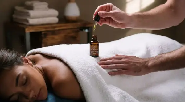Un massage relaxant pour soulager la contraction du muscle involontaire et douloureuse. Une main applique une huile sur le dos d'une femme.
