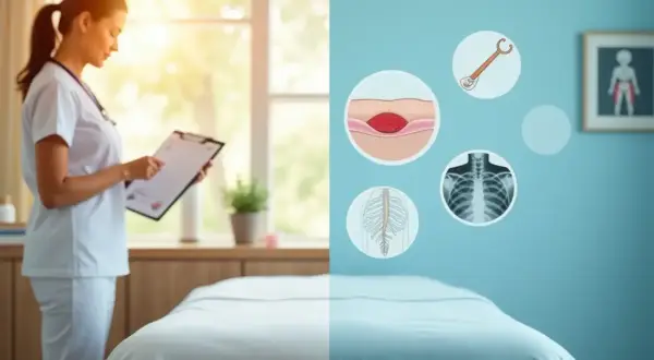 Une professionnelle de santé consulte un dossier près d'une table de massage. Des illustrations montrent des techniques de massage intégral et des éléments anatomiques.