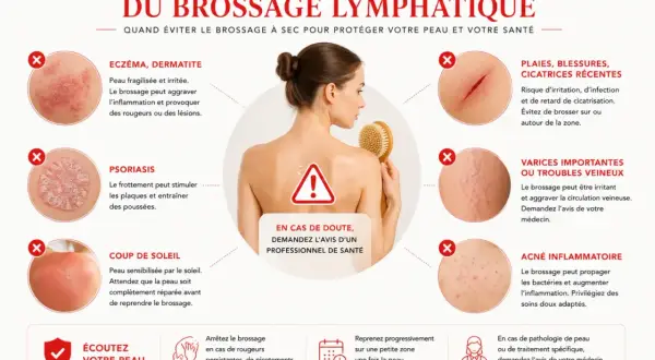 Le brossage à sec peut être dangereux pour certaines affections cutanées comme l'eczéma, le psoriasis, les plaies, les varices ou l'acné.