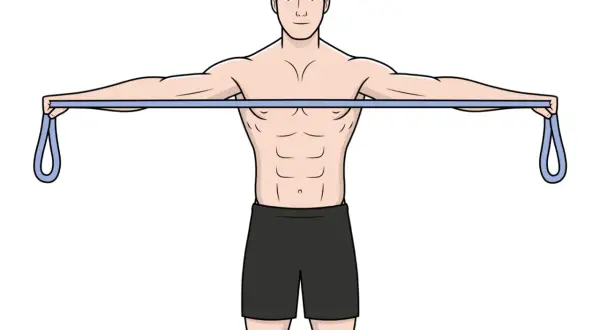Homme effectuant un exercice trapèze inférieur avec une bande élastique, bras tendus horizontalement.