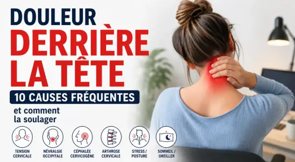 Femme se tenant la nuque, zone rouge indiquant une douleur. Le texte mentionne "Douleur derrière la tête", "10 causes fréquentes" et des icônes pour "Tension cervicale", "Névralgie occipitale", "Céphalée cervicogène", "Arthrose cervicale", "Stress/Post...