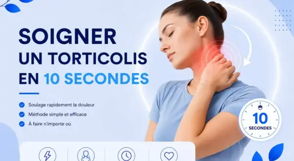 Femme soulageant une douleur à la base de la nuque, avec des indications de soulagement rapide en 10 secondes.