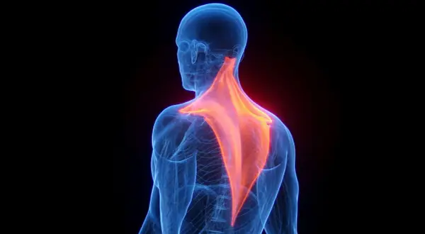 Vue arrière d'un torse humain bleu transparent, mettant en évidence les muscles spinaux du cou et du dos en rouge vif.