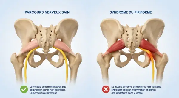Comparaison anatomique : un muscle piriforme sain et un muscle piriforme contracturé comprimant le nerf sciatique, causant douleur et inflammation.