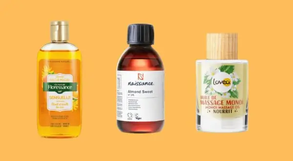 Trois huiles de massage : Floressance, Naissance (amande douce) et Lovea (monoï). Idéales pour soulager les pieds douloureux.