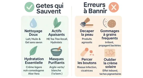 Conseils pour une peau saine : nettoyage doux, actifs apaisants, hydratation. Évitez de décaper, gommer trop, percer les boutons. Un traitement naturel pour l'acné hormonale inclut ces bonnes pratiques.