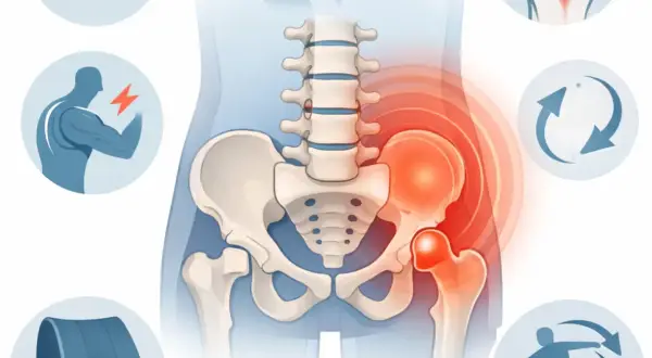 Illustration de l'anatomie du bas du dos et de la hanche, avec des zones rouges indiquant la douleur.