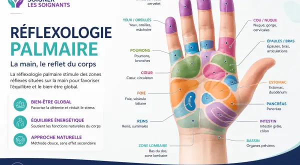 Carte de réflexologie palmaire montrant le point réflexologie main estomac. La main est divisée en zones représentant des organes.