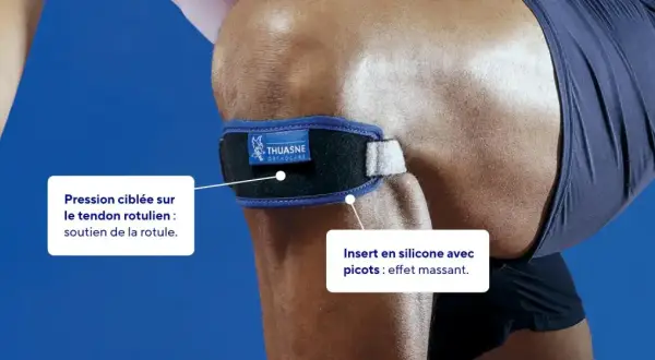 Strap genoux tuto : ce bandeau Thuasne offre un soutien rotulien avec pression ciblée et insert silicone massant.