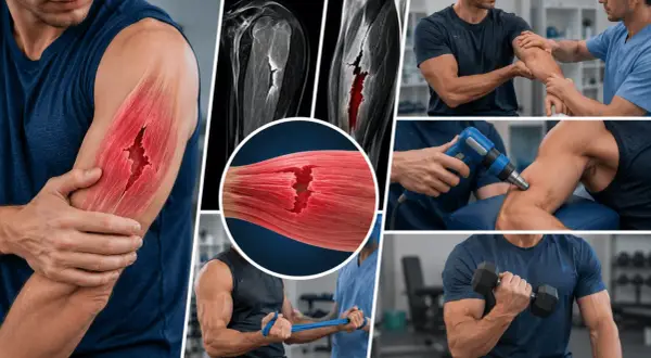 Un homme souffre d'un muscle froissé au bras, illustré par des images médicales et des séances de rééducation.