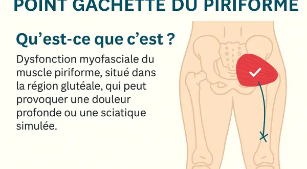 Illustration d'une douleur au muscle piriforme, située dans la région glutéale, pouvant causer une sciatique simulée.