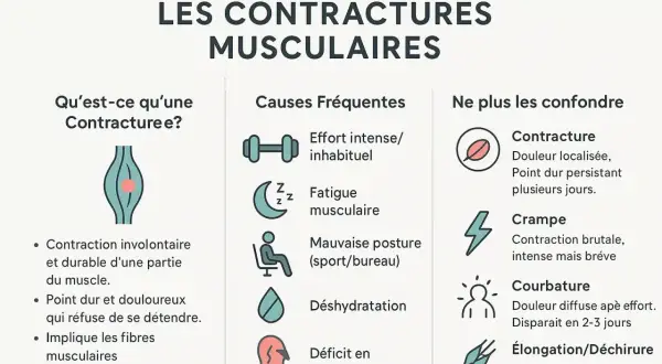 Infographie expliquant les contractures musculaires, leurs causes (effort, fatigue, posture, déshydratation, déficit minéral) et comment les différencier d'une crampe ou courbature. Une grosse contracture musculaire peut être très douloureuse.