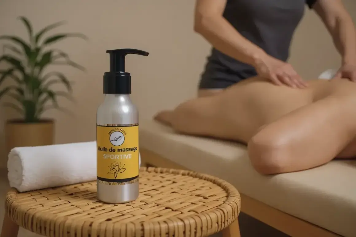 Une bouteille d'huile de massage sportive est posée sur une table en rotin, à côté d'une serviette blanche. En arrière-plan, une personne reçoit un massage au dos.