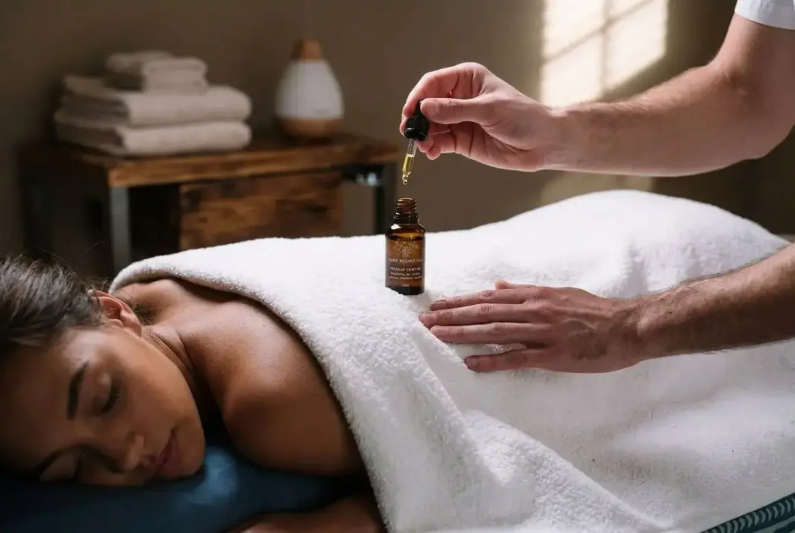 Un massage relaxant pour soulager la contraction du muscle involontaire et douloureuse. Une main applique une huile sur le dos d'une femme.