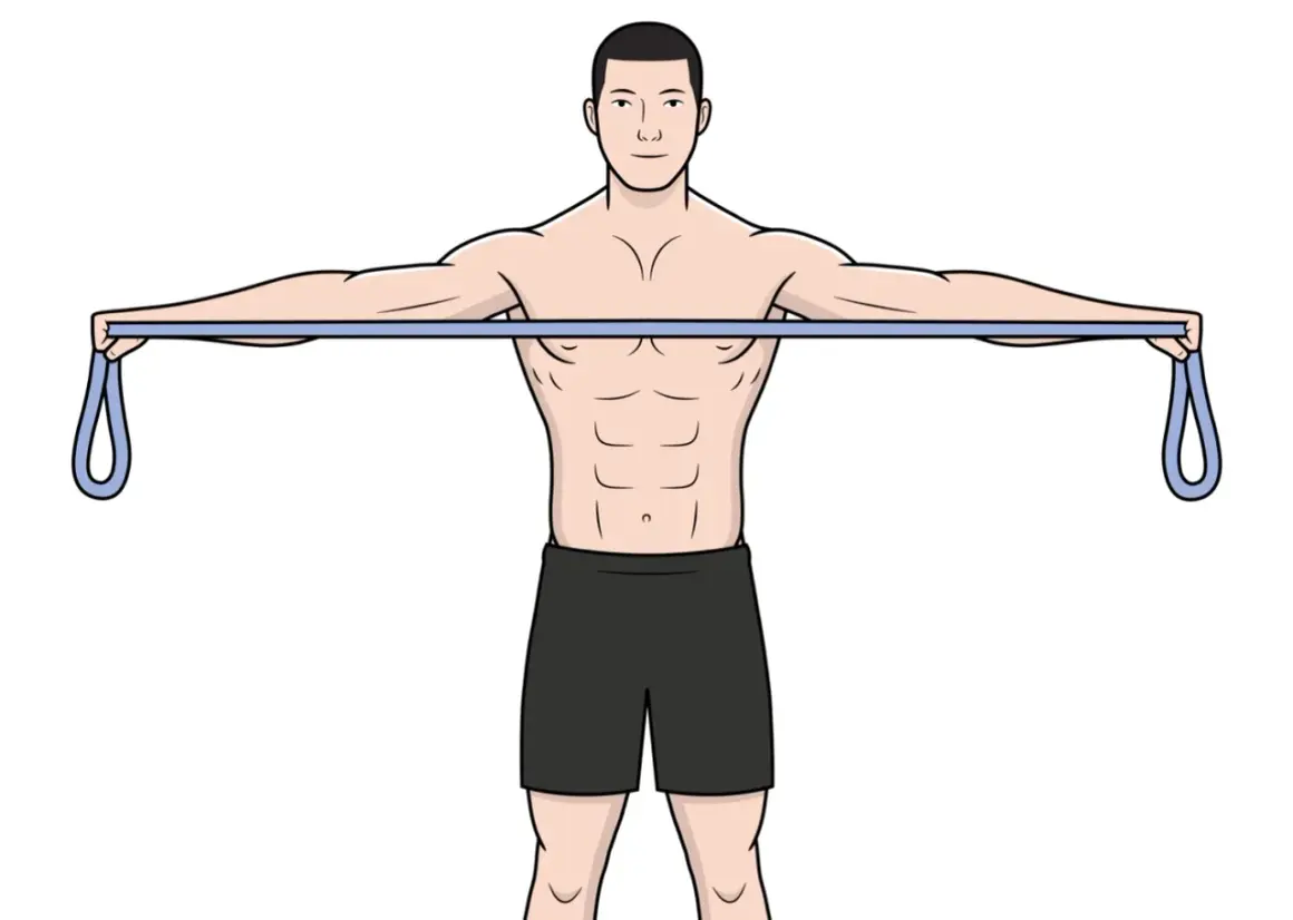 Homme effectuant un exercice trapèze inférieur avec une bande élastique, bras tendus horizontalement.