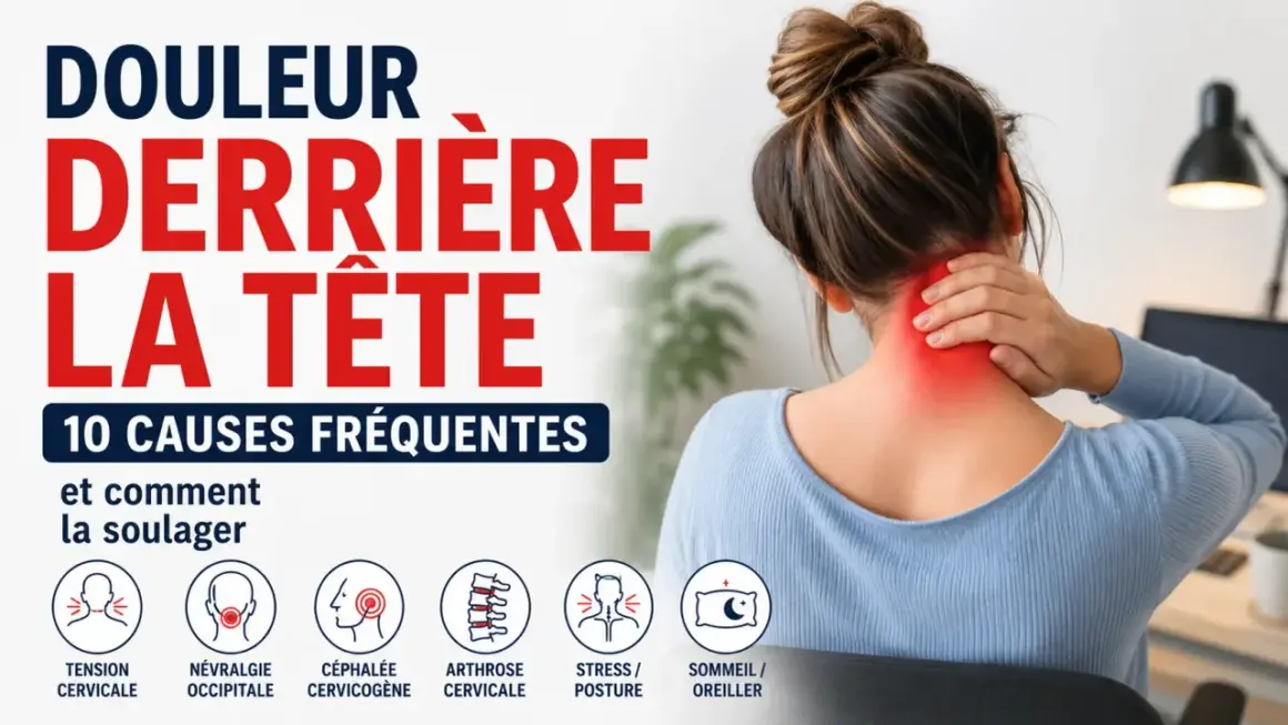 Femme se tenant la nuque, zone rouge indiquant une douleur. Le texte mentionne "Douleur derrière la tête", "10 causes fréquentes" et des icônes pour "Tension cervicale", "Névralgie occipitale", "Céphalée cervicogène", "Arthrose cervicale", "Stress/Post...