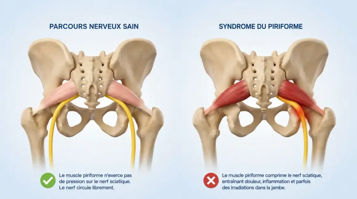 Comparaison anatomique : un muscle piriforme sain et un muscle piriforme contracturé comprimant le nerf sciatique, causant douleur et inflammation.