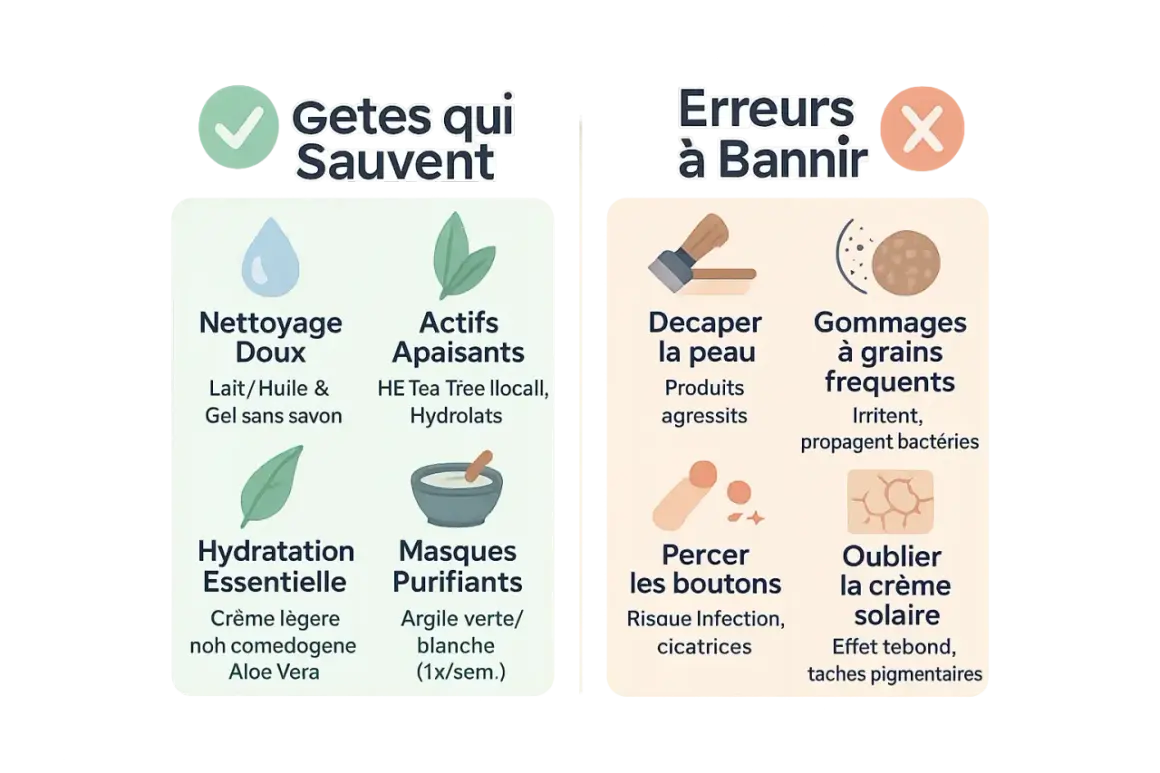 Conseils pour une peau saine : nettoyage doux, actifs apaisants, hydratation. Évitez de décaper, gommer trop, percer les boutons. Un traitement naturel pour l'acné hormonale inclut ces bonnes pratiques.