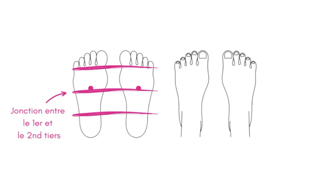 Schéma des pieds montrant un point d'énergie sur la jonction entre le 1er et le 2ème tiers.