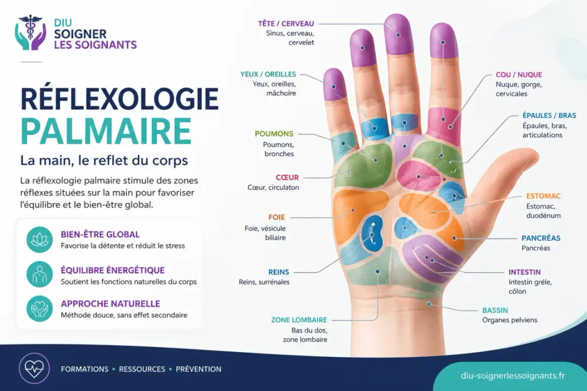 Carte de réflexologie palmaire montrant le point réflexologie main estomac. La main est divisée en zones représentant des organes.