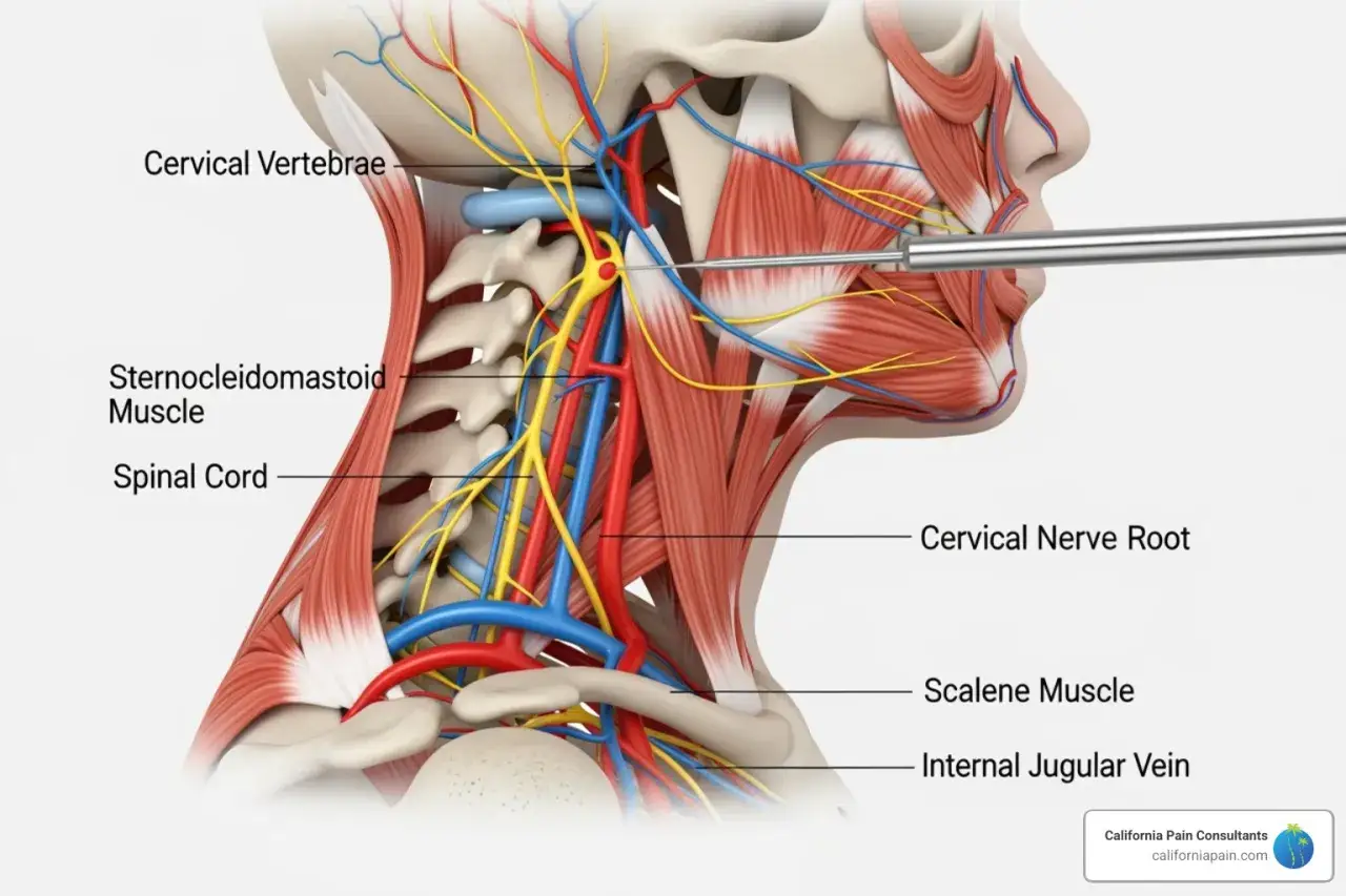 Anatomie du cou, montrant les vert&egrave;bres cervicales, la moelle &eacute;pini&egrave;re et les muscles. Une aiguille s'approche d'une racine nerveuse cervicale &agrave; la base de la nuque.