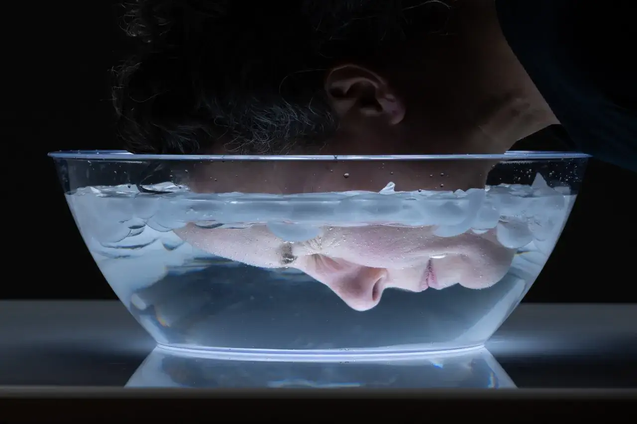 Un visage émerge d'un bol d'eau glacée, le nez et la bouche à peine visibles sous les glaçons.