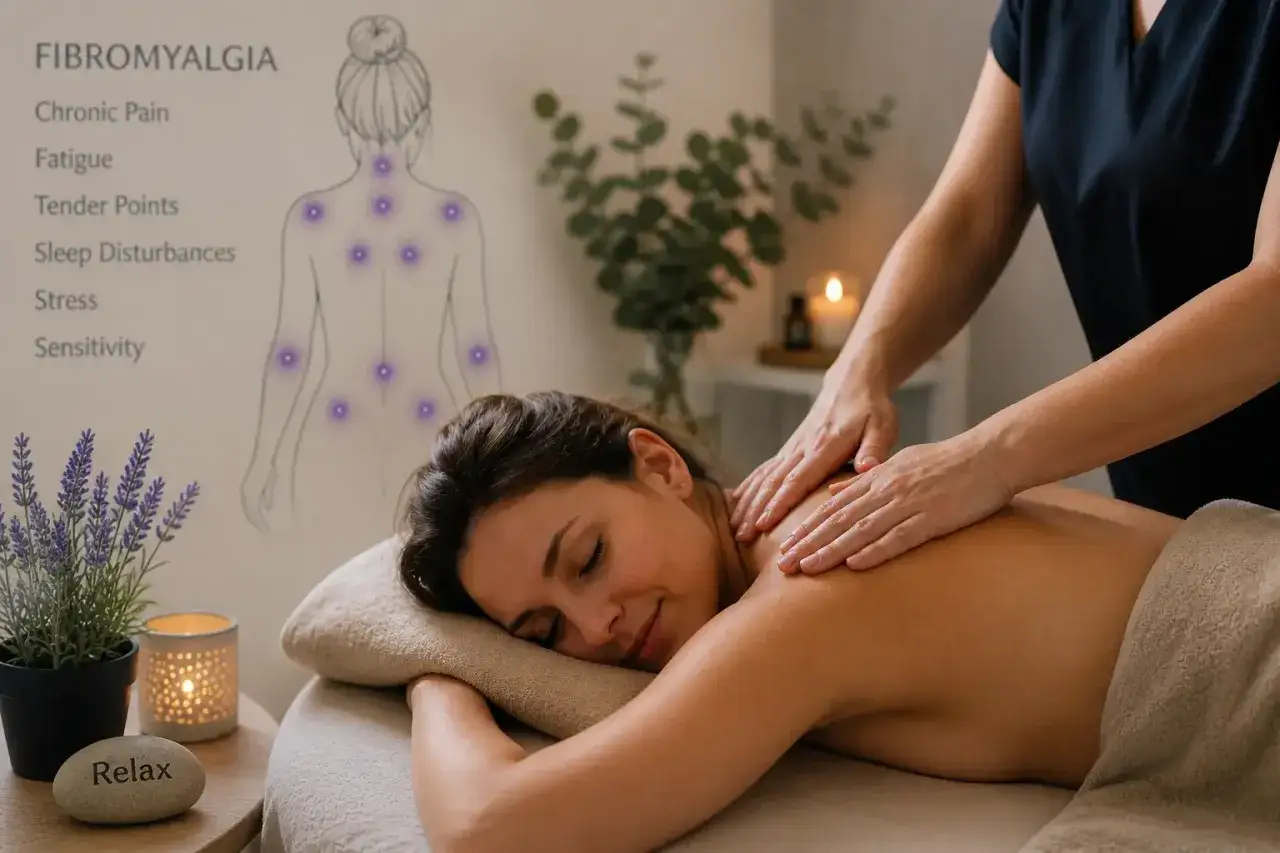 Massage relaxant pour soulager la fibromyalgie. Une femme reçoit un massage du dos, apaisant la douleur et le stress.